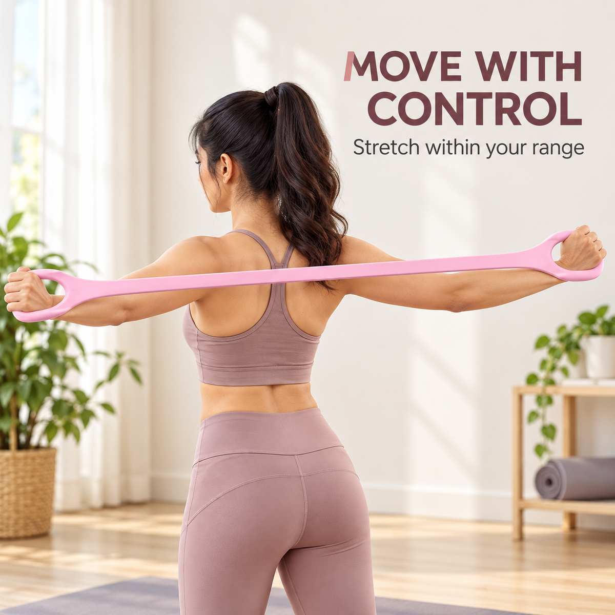 Illustrated controlled home-workout use of one representative pink figure-8 resistance band