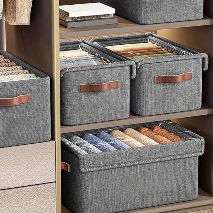 FoldStack Pro – Large Clear Collapsible Stackable Storage Boxes with Lid | Foldable Fabric Linen Closet Organizer Cubes for Home & Office.