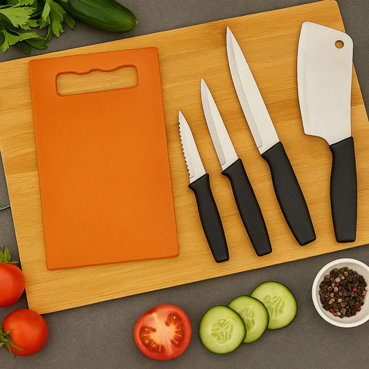 Stainless steel kitchen knives laid out, 5-piece set