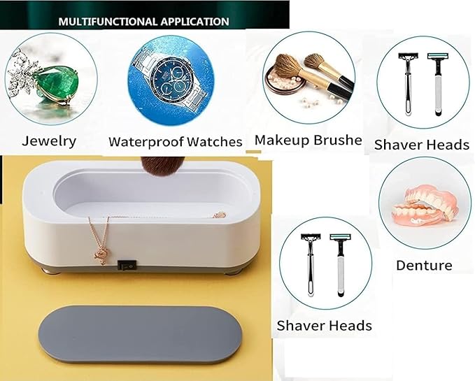 White compact cleaner pictured with illustrated jewellery, waterproof watch and accessory examples
