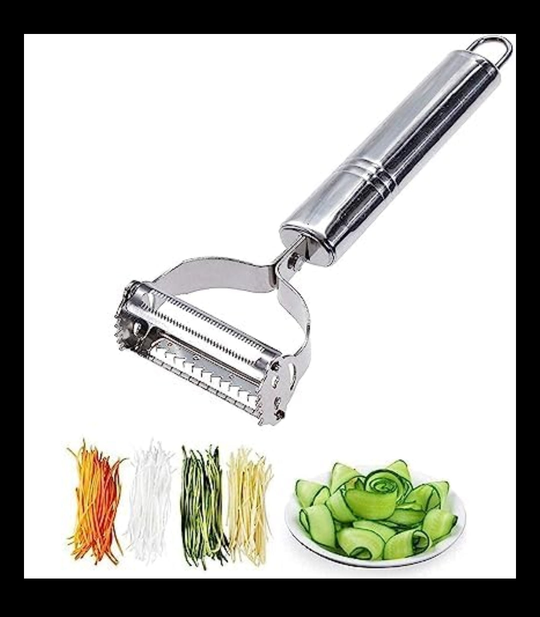 Stainless steel julienne peeler with toothed edge and vegetable-strip illustrations