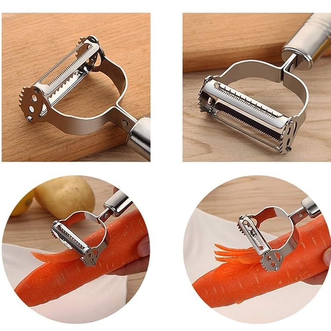 Close-up of stainless steel peeler blades and a carrot peeling demonstration collage