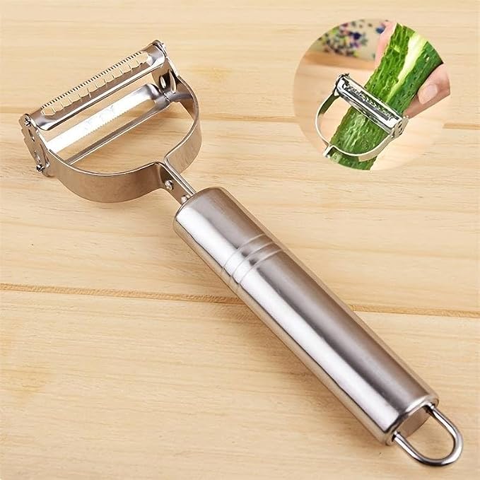 Stainless steel Y-shaped vegetable peeler with cucumber peeling inset on a wood background