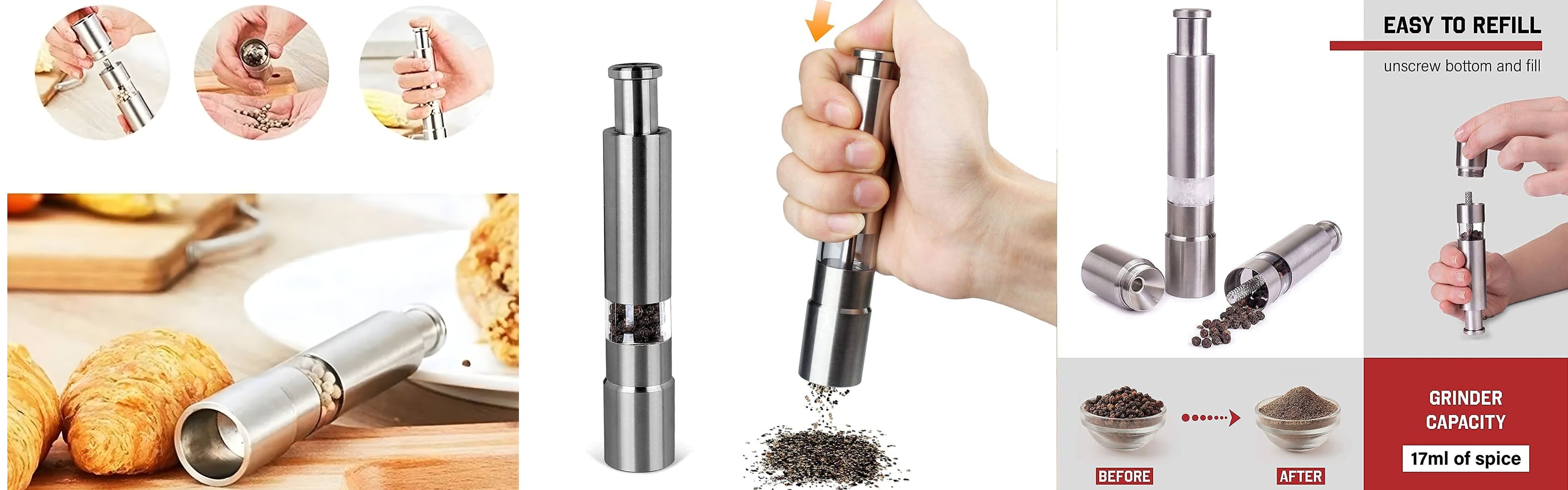Collage of a pepper grinder being used, held by a hand, and with close-up shots on a wooden surface.