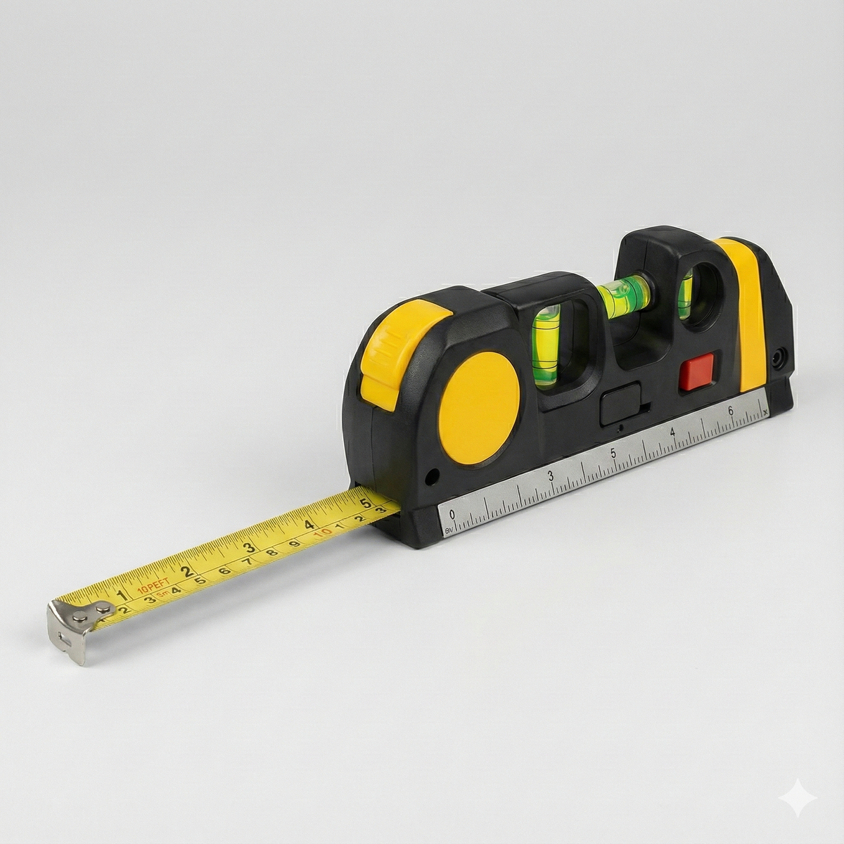 Laser level with measuring tape, side view