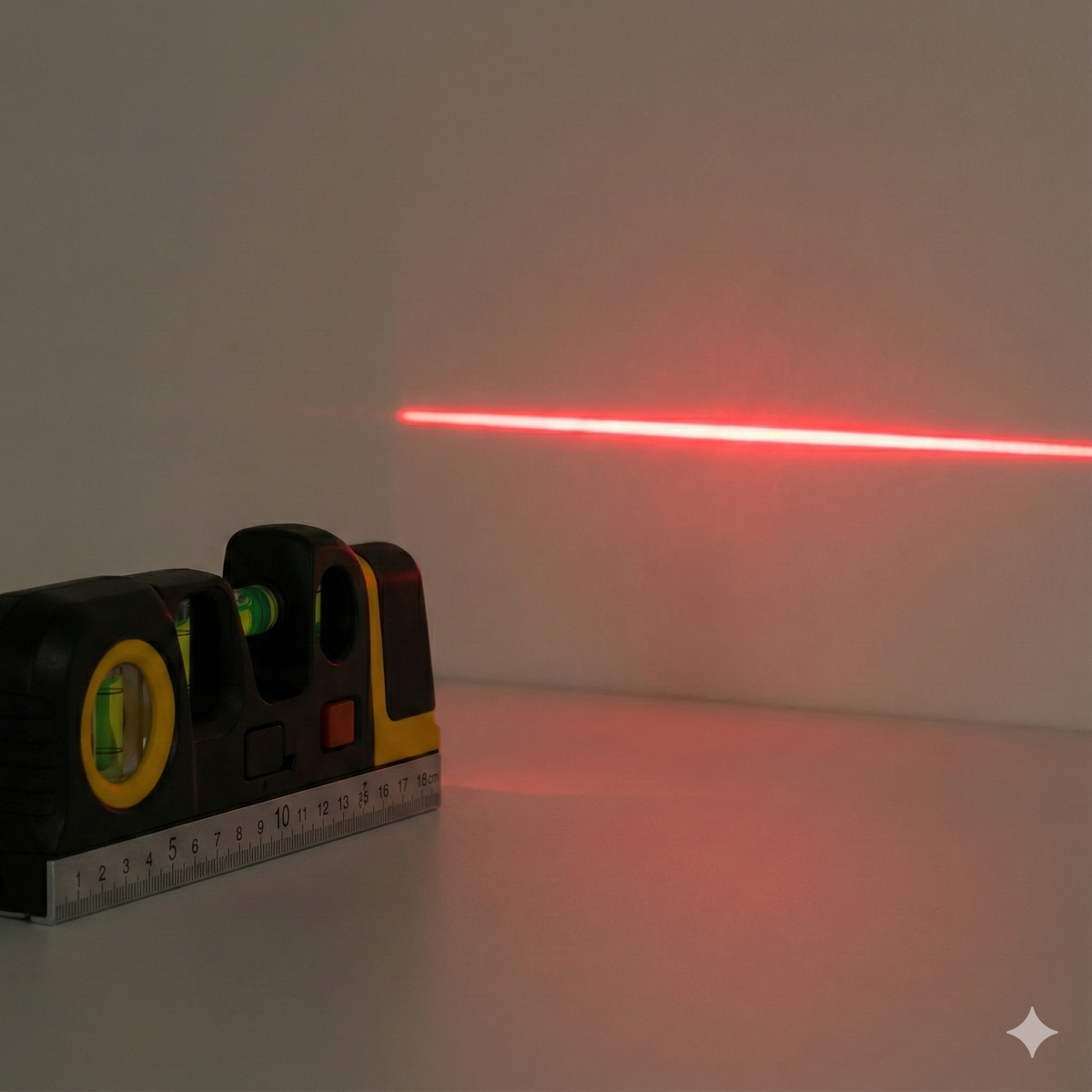 Laser level with measuring tape shown in packaging