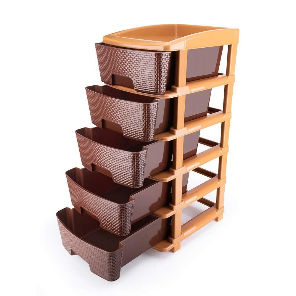 5-tier brown plastic drawer storage unit, side view