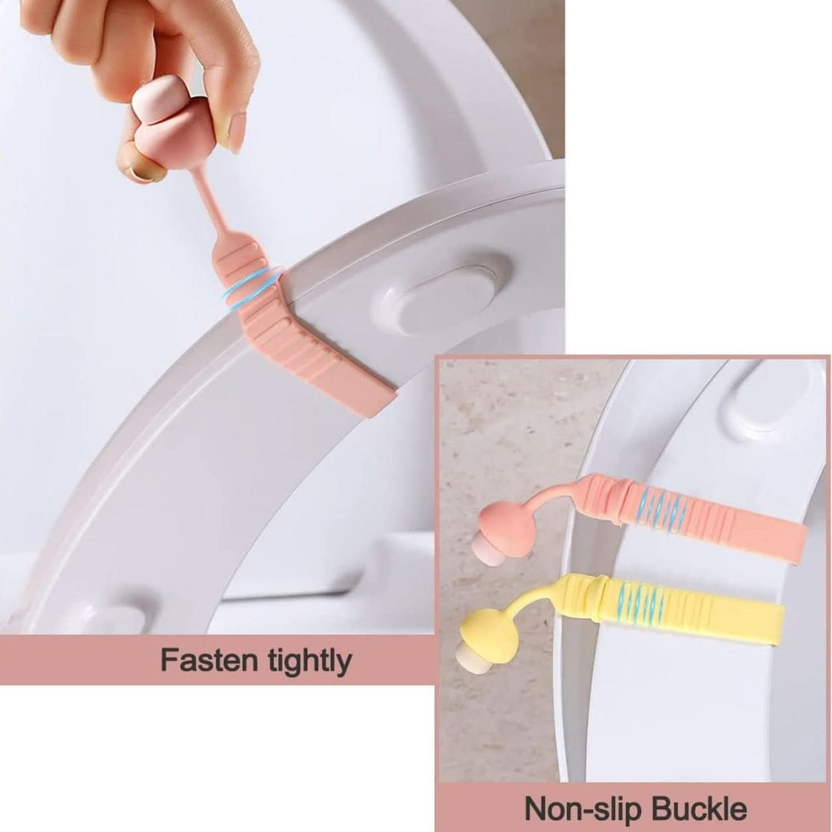 Silicone toilet seat lifter band handle attached to a toilet lid