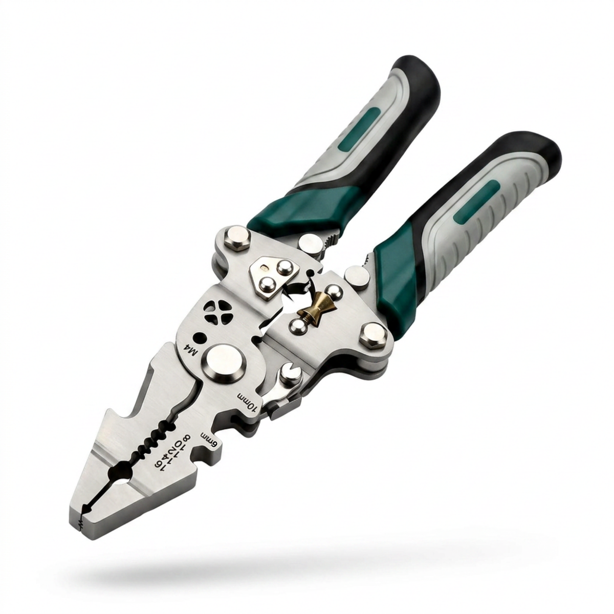 Foldable multi-tool pliers with steel jaws and cushioned handles