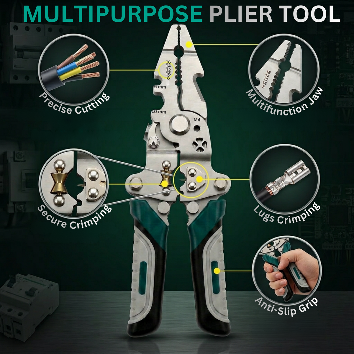 Multi-tool pliers feature diagram showing jaws, crimping sections and grip