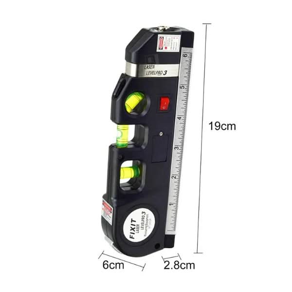 Laser level with measuring tape, close-up view