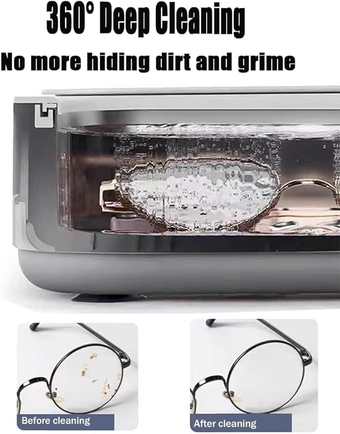 Illustration of eyeglasses in a white cleaning basin with a before-and-after lens graphic