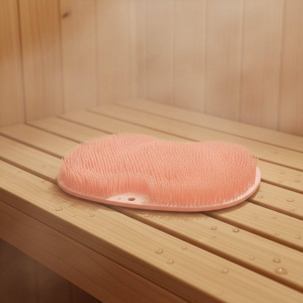 Pink silicone scrubber for bath and foot cleaning on a marble surface