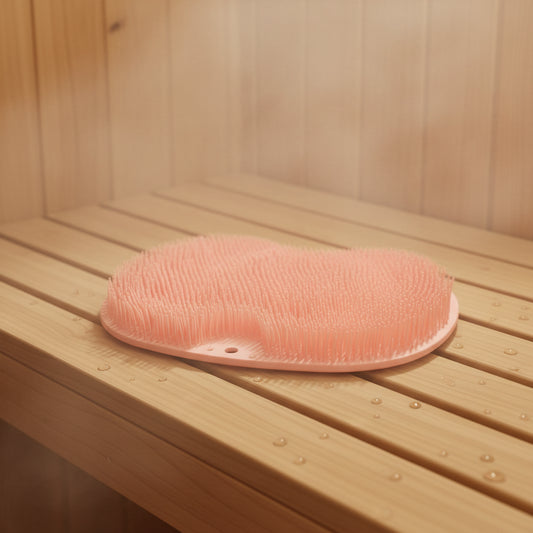 Pink silicone scrubber for bath and foot cleaning on a marble surface