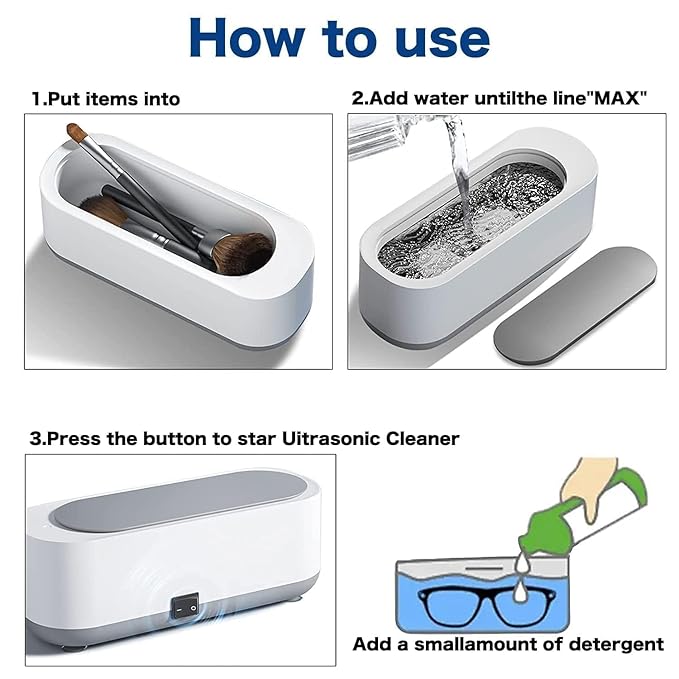 Illustrated instructions showing the white cleaner basin, water fill and front control