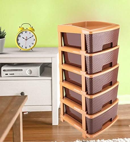 5-tier brown plastic drawer storage unit