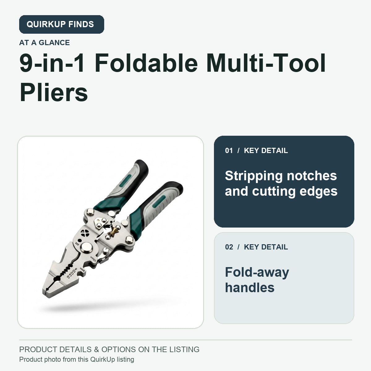 QuirkUp product guide for 9-in-1 Foldable Multi-Tool Pliers | Wire Stripper & Cutter: Stripping notches and cutting edges; Fold-away handles