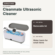 QuirkUp product guide for Cleanmate Ultrasonic Cleaner 48KHz with RGB Lights for Eyeglasses, Rings, Watches, Dentures: Removable lid; Water basin for small items