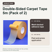 QuirkUp product guide for Double-Sided Carpet Tape Heavy Duty 5m (Pack of 2): Mesh-backed adhesive tape; Peel-and-press application