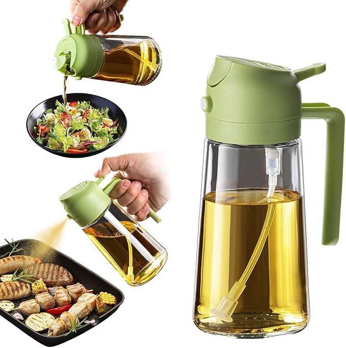 Handled cooking oil dispenser with clear body, spray control and pour spout