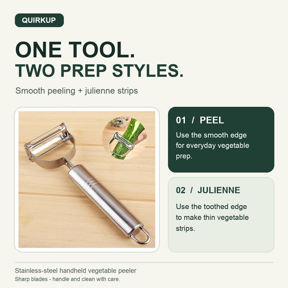 QuirkUp vegetable peeler graphic showing one stainless-steel handheld tool for peeling and julienne strips