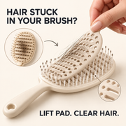 AI-generated illustration of the hair brush’s manual lift-away cleaning pad removing collected strands from fixed bristles