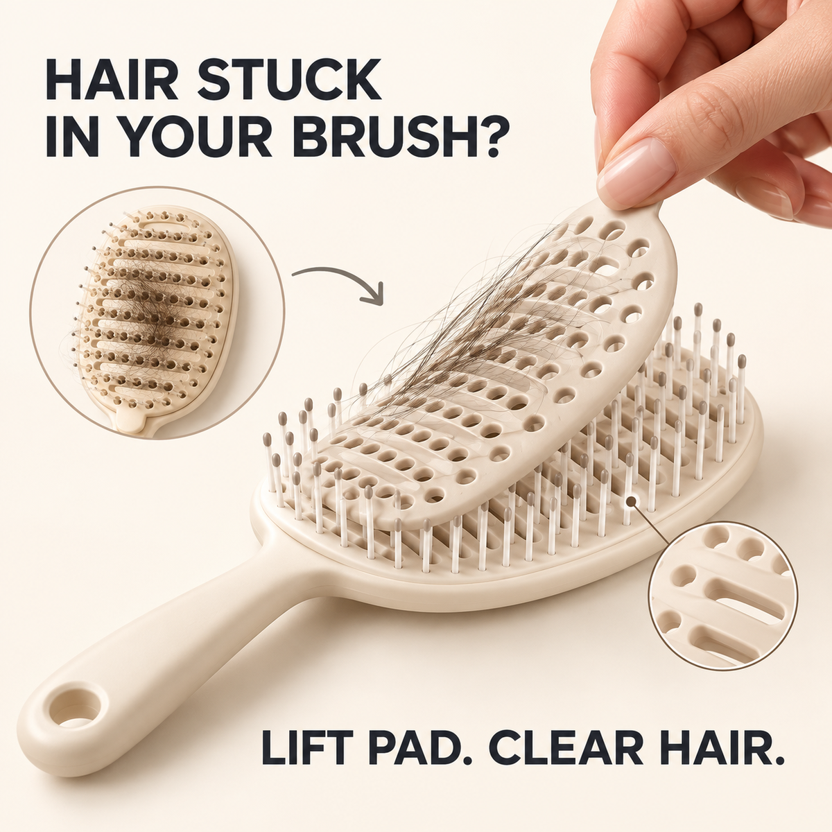 AI-generated illustration of the hair brush’s manual lift-away cleaning pad removing collected strands from fixed bristles