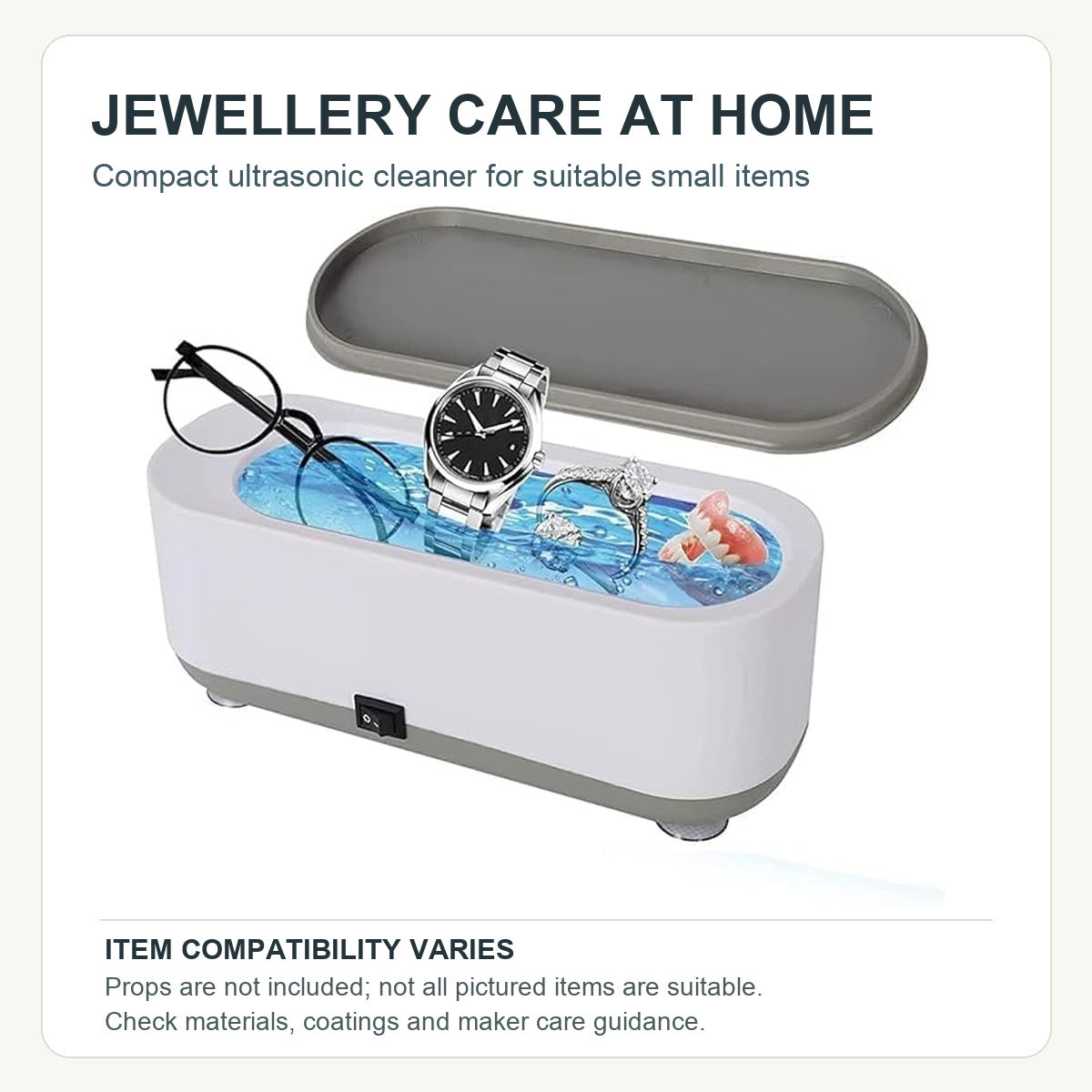 QuirkUp jewellery-care graphic showing the existing white cleaner and a prominent warning to check item compatibility; pictured accessories not included