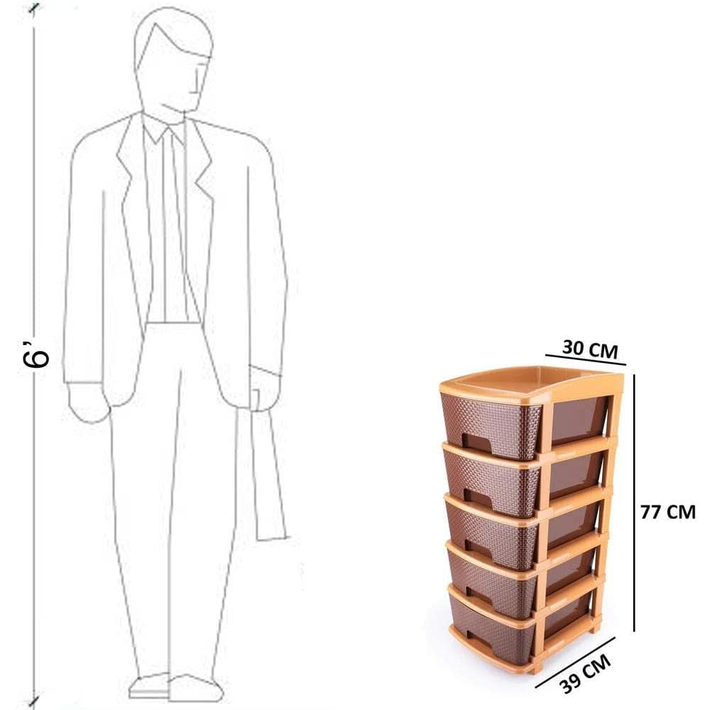 5-tier brown plastic drawer storage unit, front view